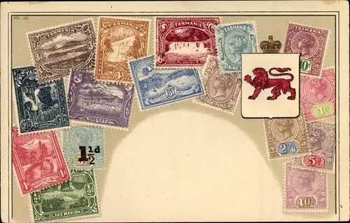 Präge Briefmarken Ak Tasmania, Australien, Wappen, Ottmar Zieher