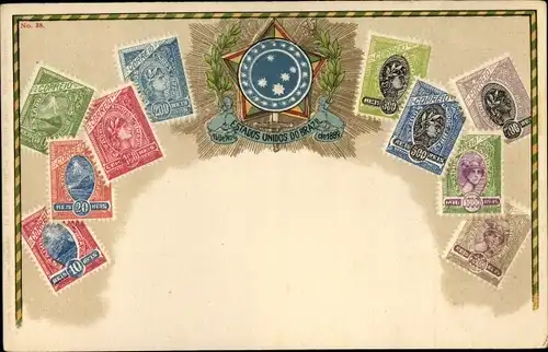 Präge Briefmarken Ak Estados Unidos do Brazil, Brasilien, Wappen, Ottmar Zieher
