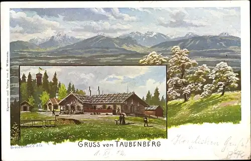 Künstler Ak Warngau in Oberbayern, Taubenberg, Panorama, Gasthaus