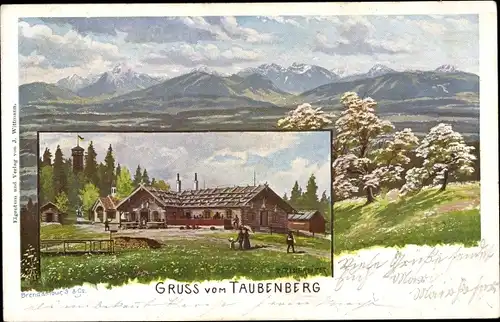 Künstler Ak Warngau in Oberbayern, Taubenberg, Panorama, Gasthaus