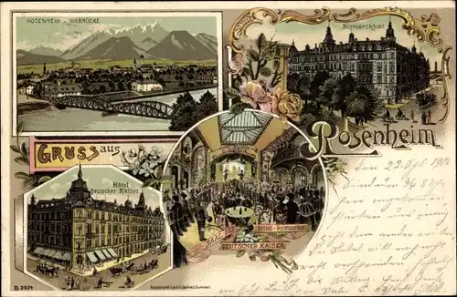 Litho Rosenheim Oberbayern, Bismarckbad, Hotel Deutscher Kaiser