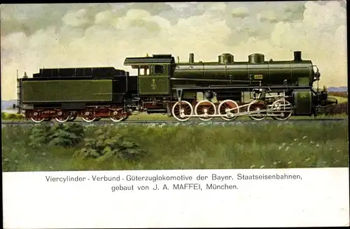 Künstler Ak Deutsche Eisenbahn, Vierzylinder Verbund Güterzuglokomotive, Maffei