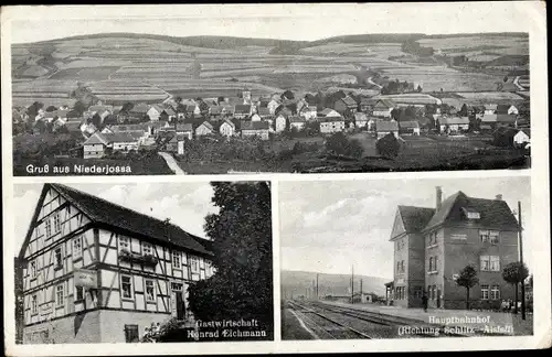 Ak Niederjossa Niederaula Hessen, Panorama vom Ort, Hauptbahnhof, Gastwirtschaft Konrad Eichmann