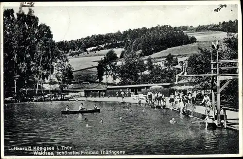 Ak Königsee in Thüringen, Waldsee, schönstes Freibad Thüringens, Sprungbrett, Ruderboot