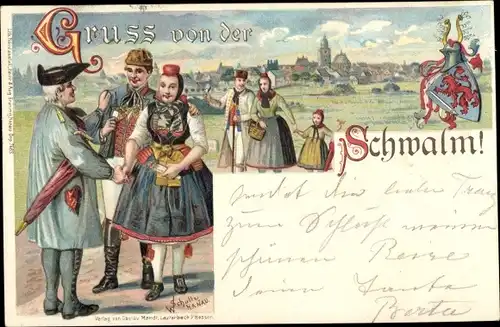 Wappen Litho Schultz, W., Gruss von der Schwalm, Schwälmer Tracht