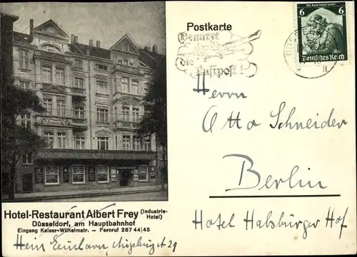 Ak Düsseldorf am Rhein, Hotel Restaurant Albert Frey, Am Hauptbahnhof