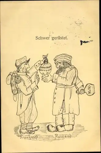 Ak Der Weltkrieg in 6 Bildern, Schwer gerüstet, Französisch Russischer Tausch