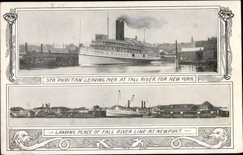 Passepartout Ak Newport, Steamer Puritan leaving Pier at Fall River for New York, Fährschiff