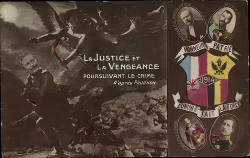 Ak La Justice et la Vengeance, Poincare, Zar Nicolaus II., Kg. Georg V, Albert I, Kaiser Wilhelm II.