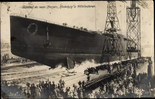 Ak Wilhelmshaven in Niedersachsen, Stapellauf des Kreuzers Hindenburg