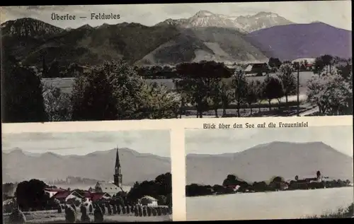 Ak Feldwies Übersee am Chiemsee, See, Fraueninsel, Alpen, Kirche