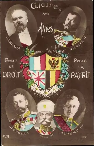 Ak Entente, Belgien, Serbien, Präsident Poincare, Zar Nikolaus II. König Georg V., Peter I, Albert I