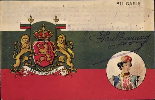 Wappen Litho Bulgarien, Frau in Volkstracht, Fahne