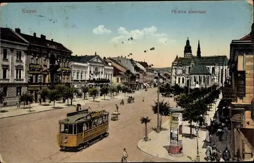 Ak Košice Kassa Kaschau Slowakei, Fö-utca alsoresze, Straßenbahn, Litfaßsäule