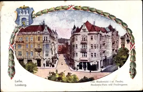 Passepartout Ak Lwów Lemberg Ukraine, Plac Akademicki, Ulica Fredry, Akademieplatz