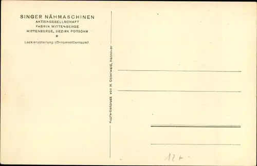 Ak Wittenberge in der Prignitz, Singer Nähmaschinen, Lackierabteilung, Ornamentierraum, Fabrik