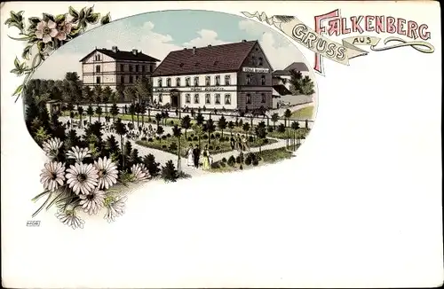 Litho Falkenberg an der Elster, Hotel Kronprinz, Gartenpartie