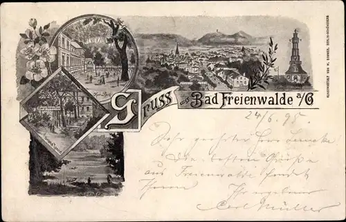 Ak Bad Freienwalde an der Oder, Gesamtansicht, Kurpark, Kriegerdenkmal, Baa See