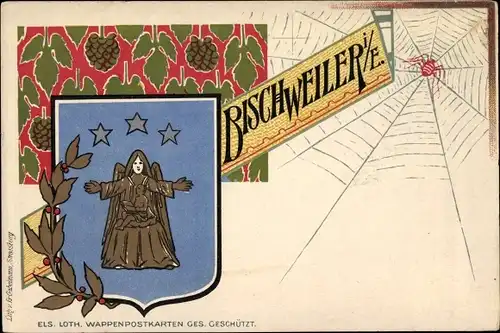 Wappen Ak Bischwiller Bischweiler Elsass Bas Rhin, Hopfen, Spinnennetz