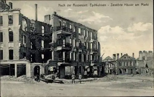 Ak Eydtkau Eydtkuhnen Ostpreußen, Kriegszerstörungen, zerstörte Häuser am Markt, I WK