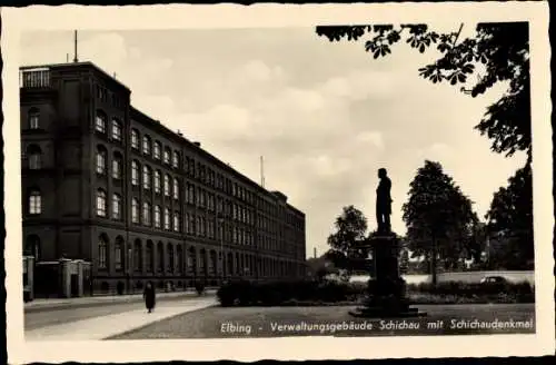 Ak Elbląg Elbing Westpreußen, Verwaltungsgebäude Schichau mit Schichaudenkmal