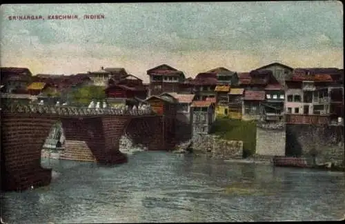 Ak Srinagar Kaschmir Indien, Wasserpartie, Brücke, Ortschaft