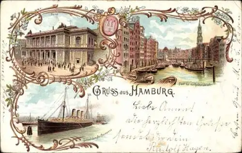 Litho Hamburg Mitte Altstadt, Börse, Schnelldampfer Normannia, Fleet bei der Reimersbrücke