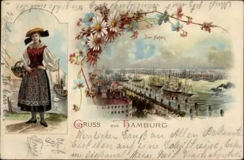 Litho Hamburg Mitte Altstadt, Frau in Tracht mit Korb, Blick auf den Hafen, Segelschiffe