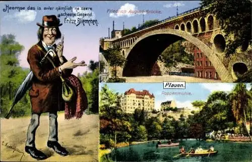 Künstler Ak Plauen im Vogtland, Friedrich August Brücke, Poppenmühle, Fritze Bliemchen