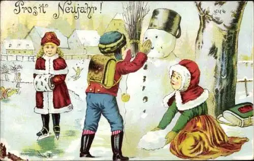 Ak Glückwunsch Neujahr, Kinder bauen einen Schneemann, Mädchen auf Schlittschuhen