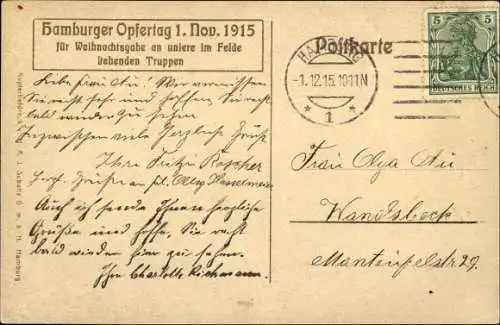 Künstler Ak Hamburger Opfertag, 01. November 1915, Weihnachtsgabe, Schlachtszene