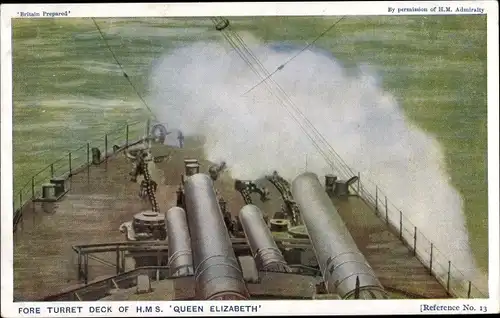 Ak Britisches Kriegsschiff, HMS Queen Elizabeth, Dreadnought, Kanonen