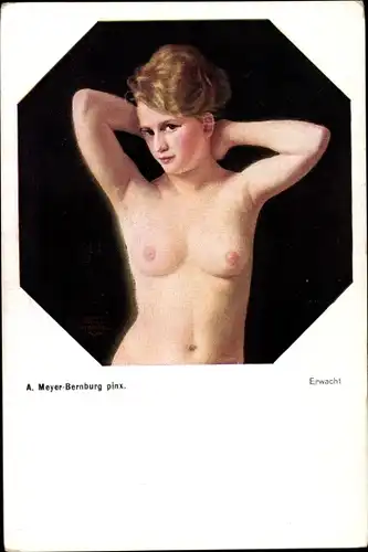 Künstler Ak Meyer Bernburg, A., Erwacht, Frauenakt, Busen