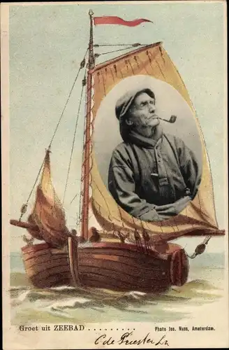 Ak Niederlande, Groet uit Zeebad, Fischer mit Pfeife, Fischerboot