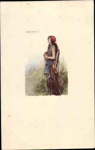 Künstler Ak Mauzan, Frau mit Gitarre und Kopftuch, Zigeunerin
