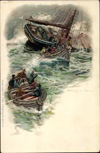 Litho Rettung aus Seenot, Segelschiff, Rettungsboote