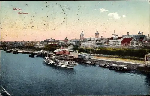 Ak Mainz am Rhein, Rheinquai, Schiff, Stadtpanorama