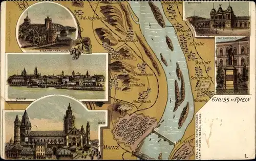 Litho Mainz am Rhein, Dom, Eisenbahnbrücke, Gutenberg-Denkmal, Bahnhof