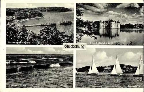 Ak Glücksburg an der Ostsee, Schloss, Segelregatta, Brandung