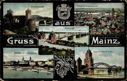 Ak Mainz am Rhein, Eisenbahnbrücke, Totale, Kaiserbrücke, Straßenbrücke, Stadthalle, Dom