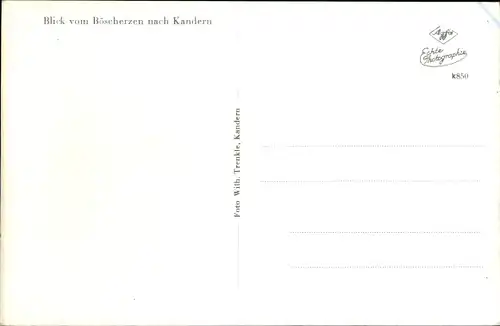 Ak Kandern im Schwarzwald Baden, Durchblick vom Böscherzen zum Ort
