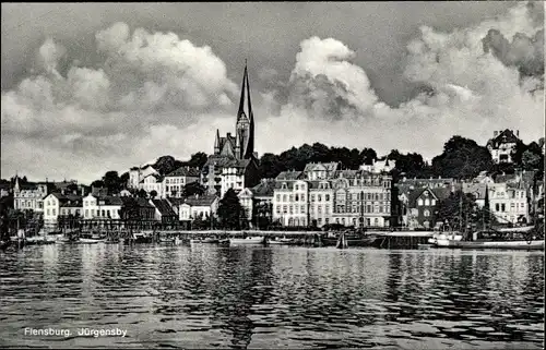 Ak Jürgensby Flensburg in Schleswig Holstein, Stadt vom Wasser gesehen