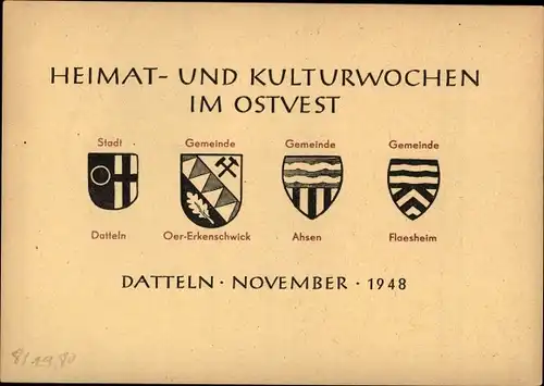 Ak Datteln im Ruhrgebiet Westfalen, Heimat und Kulturwochen im Ostvest, Arbeiter auf Landkarte, 1948