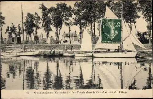 Ak Ouistreham Calvados, Les Yachts dans le Canal et vue du Village