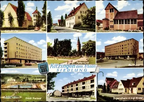 Ak Kitzingen in Mainfranken Bayern, Evangelische Kirche, Postamt, Hochhaus, Freibad, Jugendheim