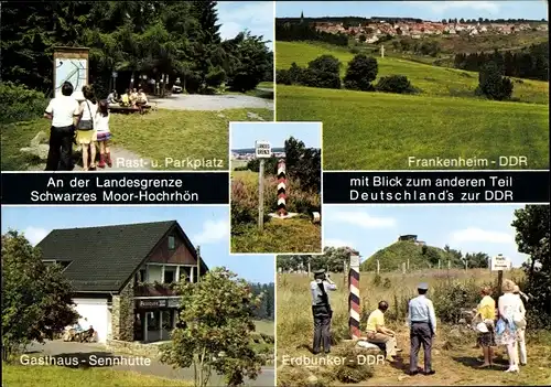 Ak Frankenheim Rhön, An der Landesgrenze, Schwarzes Moor Hochrhön, Gasthaus Sennhütte, Erdbunker