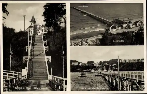 Ak Ostseebad Sellin auf Rügen, Blick auf die Seebrücke, Strandtreppe, Meer