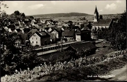 Ak Seckach in Baden, Ortsansicht, Bahnhof, Kirche