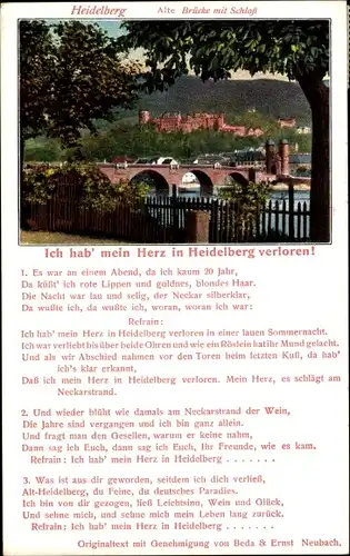 Lied Ak Heidelberg am Neckar, alte Brücke mit Schloss, Ich hab mein Herz in Heidelberg verloren!