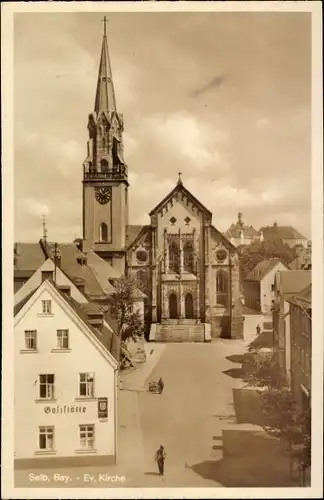 Ak Selb im Kreis Wunsiedel Fichtelgebirge Oberfranken, Evang. Kirche, Gaststätte